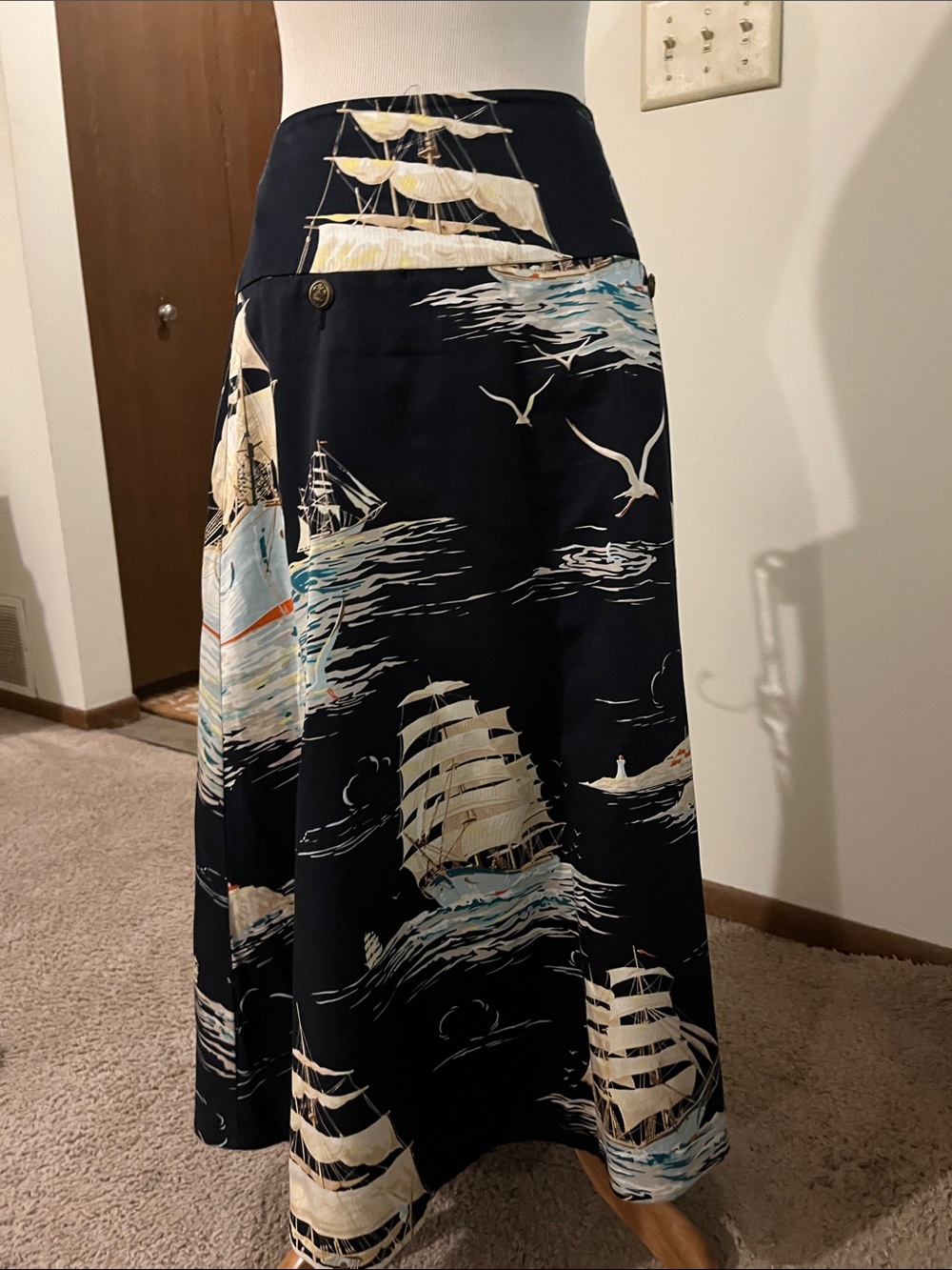 Nautical Print A-Line midi skirt navy and cream